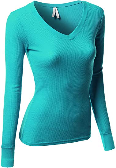 Awesome21 Women's Basic V-Neck Long Sleeves Thermal Top