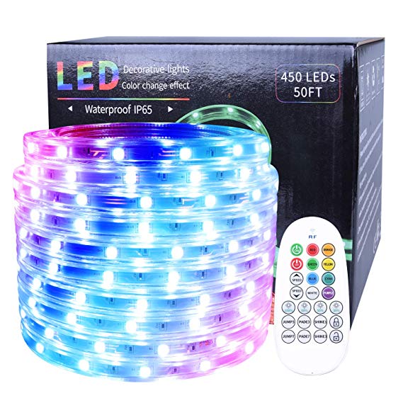 LED Rope Lights 50ft / 15m RGB Dimmable Strip Lighting Kit, Flexible 450 LED, 110V, Waterproof, Male and Female connectors, Power Plug Built-in Fuse Design, RF Controller