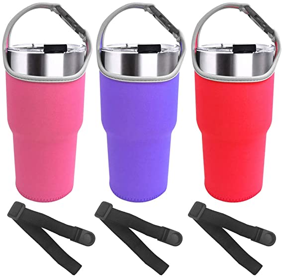 3 Pack Tumbler Carrier Holder Pouch for All 30oz Stainless Steel Travel Insulated Coffee Mug,Sonku Neoprene Sleeve with Carrying Handle,Fit for YETI Rambler Ozark Trail Rtic and More-Red,Rosey,Purple