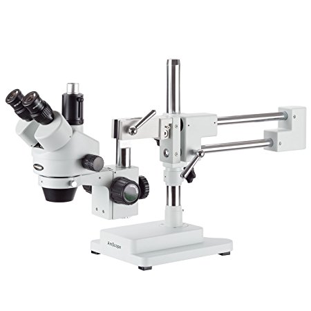 AmScope SM-4T Professional Trinocular Stereo Zoom Microscope, WH10x Eyepieces, 7X-45X Magnification, 0.7X-4.5X Zoom Objective, Ambient Lighting, Double-Arm Boom Stand