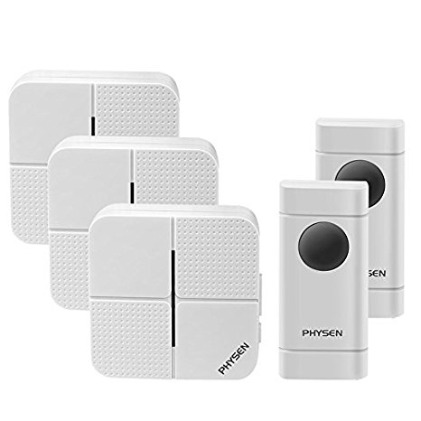 Waterproof Wireless Doorbell PHYSEN Door Chime 2 Push Buttons and 3 Plug In Receivers,Operating up to 900 Feet Range,4 Adjustable Volume Levels and 52 Chimes,No Battery Required for Receive,White