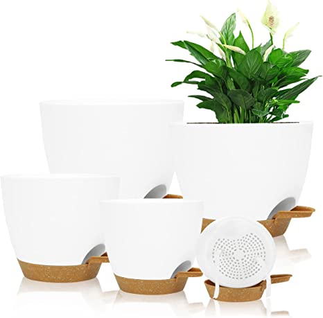 Self Watering Planters with Drainage Holes Reservoir,Nursery Planting Pot for Indoor Decor Garden Plants Succulents,Snake Plant, African Violet,Plastic Flower Pots Set 7 6.5 6 5.5 5 Inch (White)