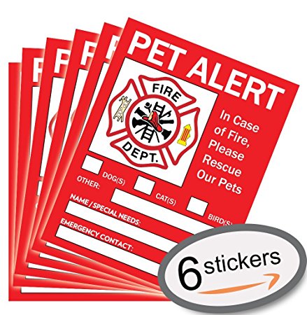 Pet Alert Safety Fire Rescue Sticker - 5"x 4" (6 Pack) - Save Our Pets Emergency Pet Inside Decal - In Case of Emergency Danger Pet In House Home Window Door Sign - Protect Beloved Dogs Cats Birds