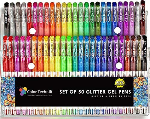 Glitter Gel Pens by Color Technik, Set of 50 Individual Colours, 40% More Ink. Largest Non-Toxic Artist Quality Glitter Set By Color Technik, Perfect For Adult Colouring Books Etc. Great Gift Idea!