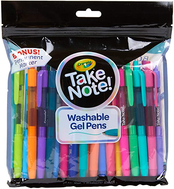 Crayola Take Note 24ct Washable Gel Pens & 1 Bonus Permanent Marker, As, .7mm Medium Tip, Adult Coloring Gift