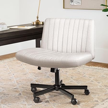 LEMBERI Fabric Padded Desk Chair with Wheels, Armless Cross Legged Wide Chair, Mid Back Ergonomic Swivel Computer Task Vanity Chairs for Office, Home, Make Up,Small Space, Bed Room (Beige)