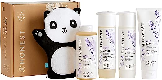 The Honest Company Lavender Bathtime Essentials Bundle | Shampoo   Body Wash, Conditioner, Face   Body Lotion, Bubble Bath, Panda Bath Mitt | Naturally Derived, Tear-Free, Hypoallergenic