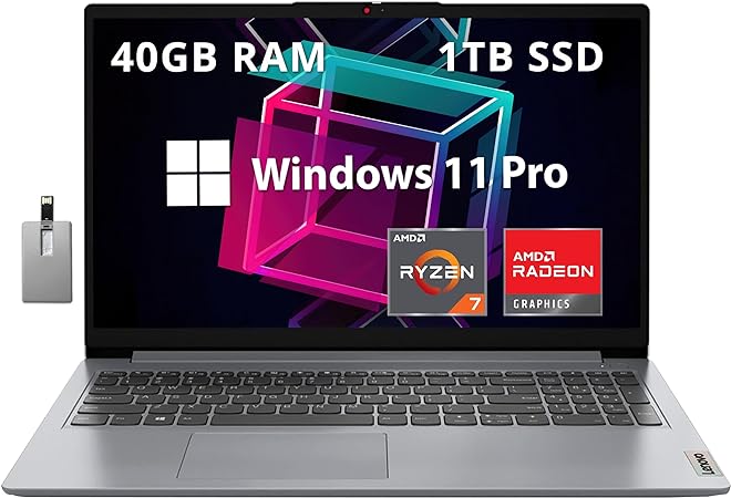 Lenovo IdeaPad 1 15.6" FHD Anti-Glare Laptop, AMD Ryzen 7 5700U, 40GB RAM, 1TB PCIe SSD, AMD Radeon Graphics, HD Webcam, WiFi 6, Bluetooth, Win 11 Pro, Cloud Gray, 32GB Hotface USB Card