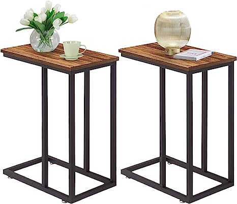 VECELO C Shaped End Side Table for Sofa Couch and Bed Snack TV Tray for Living Room Bedroom, Set of 2, Brown Set of 2