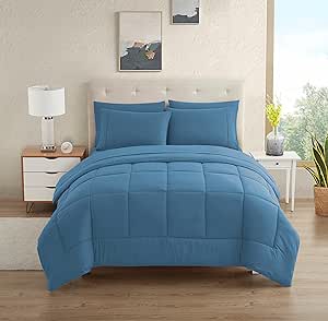 Dorm Room Essentials College Bedding Comforter Set 5 Piece Twin XL Size Bed in a Bag for College Students Boys and Girls, Twin XL, Denim Blue