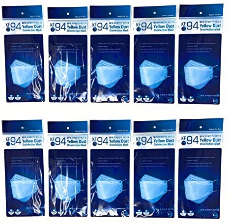 10 Pack KF94 Disposable Face Mask - PM 2.5 Protective Face Coverings With Four-Layer Filters. Ear Looped Facemasks with KF94 Filter. Yellow Dust Masks for Safety And Protection From Fine Particles