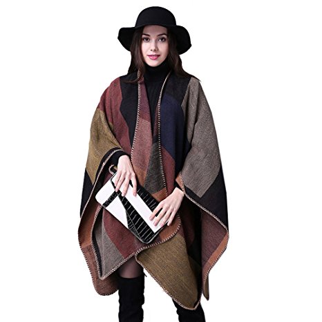 AWAYTR® Womens Plaid Pattern Wrap Shawl Poncho Cape