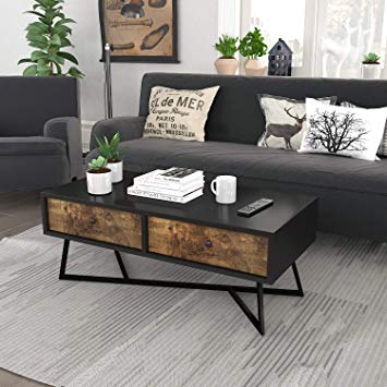 Lifewit Vintage Coffee Table, Industrial Cocktail Table, Sofa Table with 2 Fabric Storage Drawers for Living Room, Wood Look Decent Furniture with Metal Frame, Easy Assembly and Sturdy