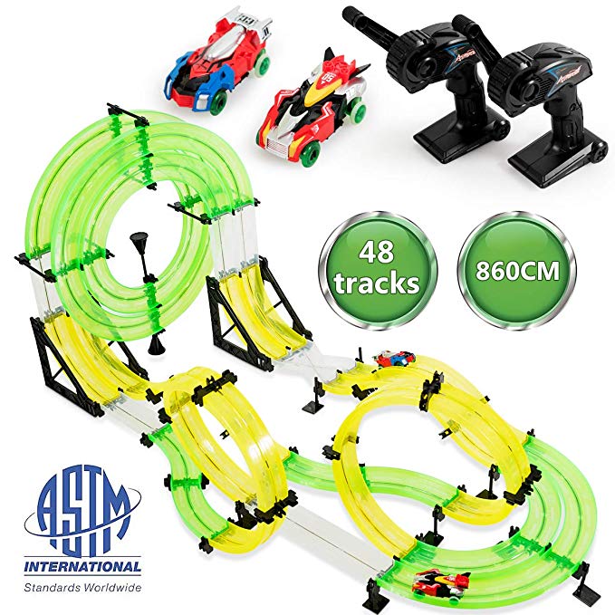 Costzon Car Racing Track Set, 860cm Double Rail Slot Car Playset, High Speed Race Car with 3D Super Track, 2 RC Cars, 2 Remote Controllers, DIY Assembly Toys for Party Game