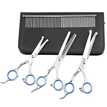 FlyCreat 4PCS Stainless Steel Dog Grooming Scissors, Rounded Tips Curved Pet Grooming Shears with Combs For Cats Dogs and More Pets