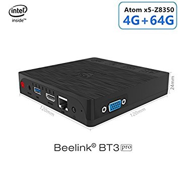 BT3 Pro Mini PC, Intel Atom x5-Z8350 Processor (2M Cache, up to 1.92 GHz) 4GB/64GB 1000Mbps LAN 2.4/5.8G Dual Band WiFi BT 4.0 Dual Screen Display with HDMI and VGA Ports Support Windows 10