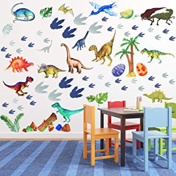 66 Pieces Watercolor Dinosaur Wall Decals Dinosaur Feet Wall Stickers Removable DIY Dinosaur Peel Wild Dinosaur for Kids Baby Bedroom Living Room Bathroom Office Wall Decors (Chic Style)