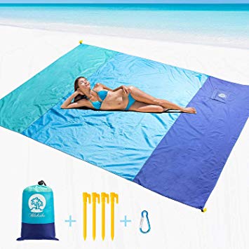 Large Beach Blanket Sand Free Picnic Mat Waterproof, Sandless Washable 9x7 ft Fast Dry, with Wind Proof Anchors & Zippered Pocket, Foldable Travel Accessories for Camping, Hiking, Music Festivals