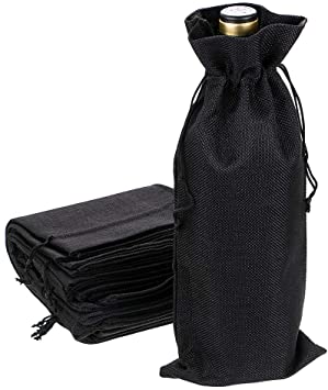 Hipiwe 12 Pcs Wine Bags, Champagne Bottle Bags Covers Natural Jute Wine Bottles Gift Bags Sacks with Drawstring for Wedding Party Favors Christmas Wine Tasting Party Supplies (Black)