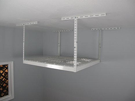 SafeRacks - Medium Duty 4x4 Overhead Storage Rack (24"-45" Ceiling Drop) - White with 2 free Hooks