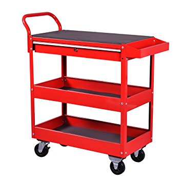 Goplus Tool Cart Rolling 36-Inch Steel Tool Chest Box Wheels Trays w/ Locking Drawer, Red