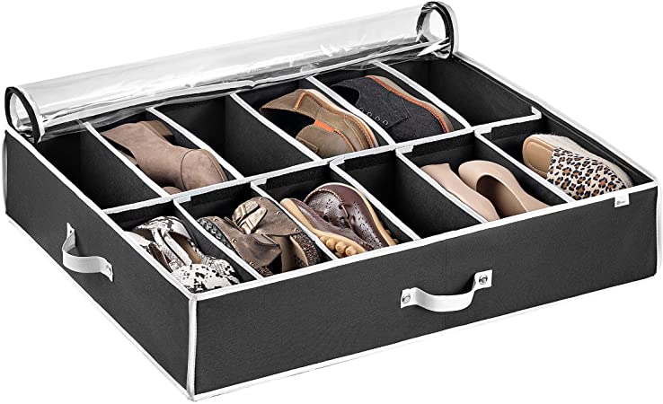 Under Bed Shoe Storage Organizer (12 Pairs) Under Bed Storage for Shoes, Customizable Slots for Boots, Clothes Blanket/Comforter Underbed Shoe Storage Containers with Handles, Dual Zipper Clear Window