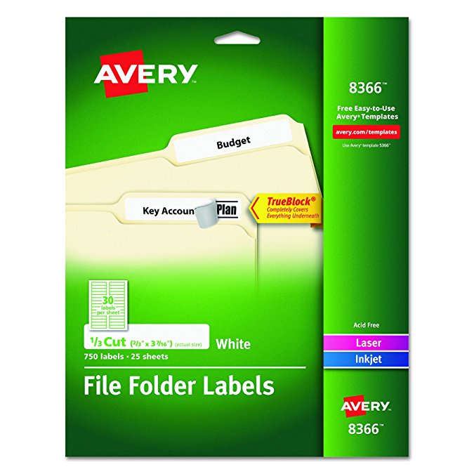 Avery File Folder Labels for Laser and Inkjet Printers, 0.6 x 3.43 Inches, White, Pack of 750 (8366)