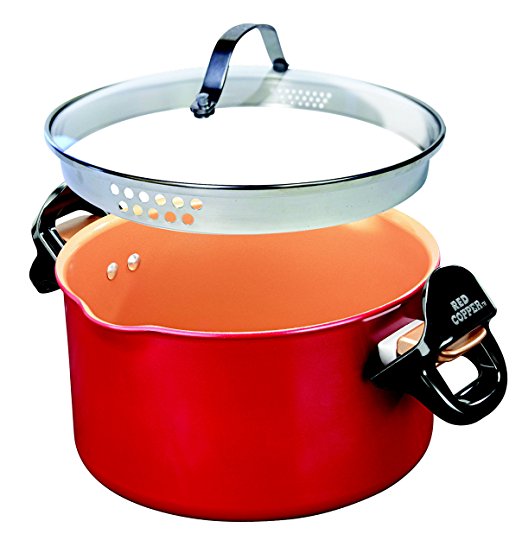 Red Copper Better Pasta Pot by BulbHead – 5 Quart Pot Includes Straining Lid and Recipe Guide