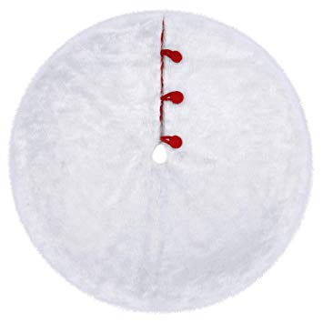 O-heart Christmas Tree Skirt, 48 inches Snowy White Fluffy Faux Fur Tree Skirt with Red Button for Xmas Tree Ornaments New Year Party Home Decorations Pet Favors