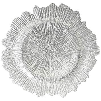 Koyal Wholesale Bulk Flora Glass Charger Plates, Set of 4, Silver, Starburst Charger Plates, Reef Charger Plates