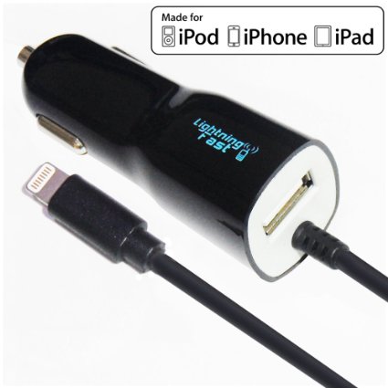 Apple Certified Lightning Car Charger - For iPhone 6S Plus 6 S 5S 5C 5 - Cable and USB Socket Rapidly Charges 2 Devices
