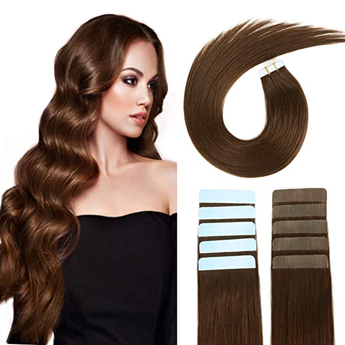 SUYYA Tape in Hair Extensions 100% Remy Human Hair 20 inches 20pcs 50g/pack Straight Seamless Skin Weft Tape Hair Extensions(20Inch Color 4 Dark Brown)