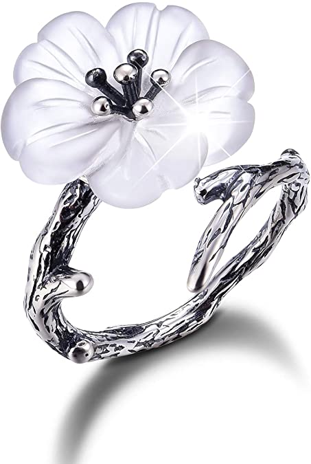 Lotus Fun S925 Sterling Silver Rings Flower in The Rain Open Crystal Ring Handmade Jewelry Unique Gift for Women and Girls