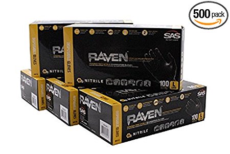 SAS Safety 66518 (5 PACK) Raven Powder-Free Black Nitrile 6 Mil Gloves, Large