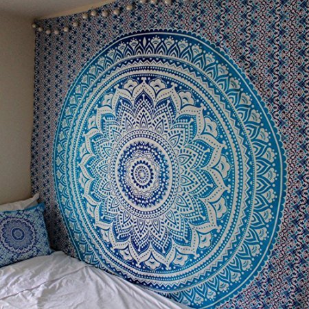 Popular Indian hippie mandala blue tapestry multi-purpose decorative wall hanging,Wall Tapestry (82W×59L, Blue)
