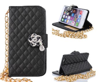iPhone 6 Case,iPhone 6 4.7-inch Case,Welity Camellia Bling Rhinestone Diamond Buckle Peral Wristlet Chain Premium PU Leather Flip Folio Book Style Wallet Protector Skin Pouch Phone Case & Magnetic Closure [Credit/ID Card Slot] [Kickstand Feature] [and One Gift] Compatible with Case for Apple iPhone 6 4.7-inch Verizon/AT&T/Sprint/T-Mobile Black