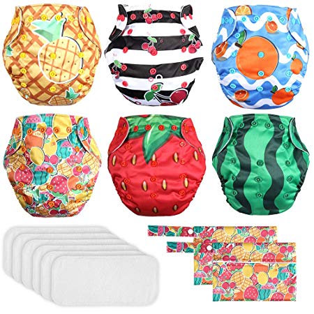 Lictin 6 Pack Baby Cloth Diapers, One Size Adjustable Washable Reusable Nappy for Baby Girls Boys, with 6 Inserts, 2 Storage Bag, Happy Fruit Design