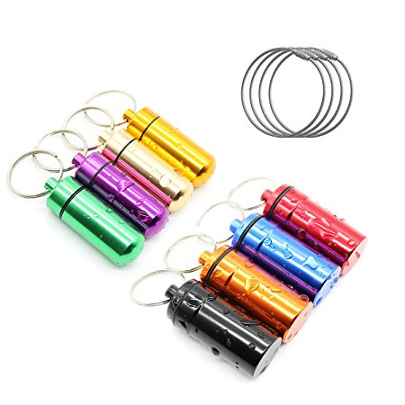 PPFISH 8PCS Large and Small Waterproof Pill Holder Box Case Bottle Keychain Container and 4PCS Stainless Steel Wire Keychains (Pack of 12)
