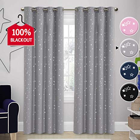 H.VERSAILTEX Blackout Curtains Kids Room Thermal Insulated Twinkle Stars Printed Curtain Draperies for Boys Girls, Sleep-Enhancing Magic Grommet Drapes, 2 Panels, Each 52x84-Inch, Gray