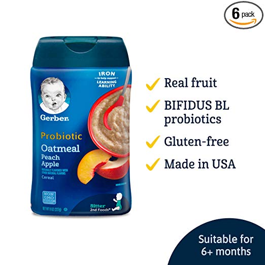 Gerber Baby Cereal Probiotic Oatmeal & Peach Apple Baby Cereal (Pack of 6)