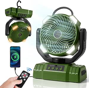 Odoland Portable Camping Fan with LED Light, 30000mAh Rechargeable Battery Operated Oscillating Fan with Remote & Hook, Outdoor Tent Fan with Timer, 4 Speeds for Power Outage Travel Jobsite, Green