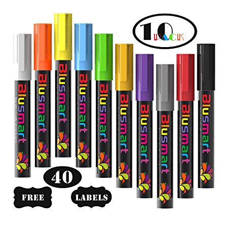 Chalk Markers, Blusmart 10pcs Bright Liquid Glass Window Pens with 40pcs Chalkboard Labels, Wet Wipe Erasable, 6mm Reversible Tips, Children Friendly