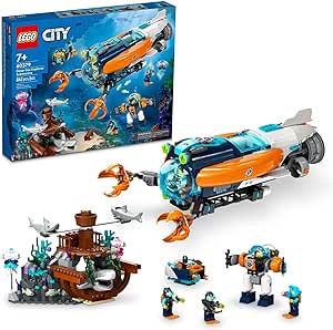 LEGO City Deep-Sea Explorer Submarine 60379 Building Toy Set, Ocean Submarine Playset with Shipwreck Setting, 6 Minifigures and 3 Shark Figures for Imaginative Play, A Gift Idea for Ages 7