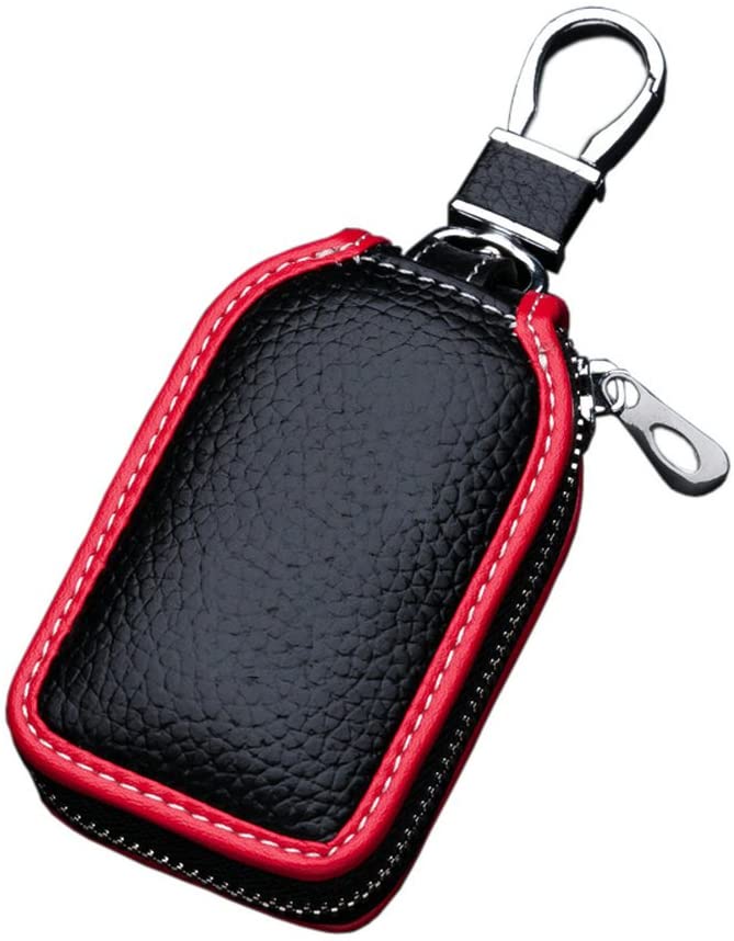 no!no! Car Key case Key Bag Wallet - Superior Genuine Leather Auto Car Key FOB Holder Protector Cover Smart Key Chain with Metal Hook and Zipper Closure Universal (Black red Edge)