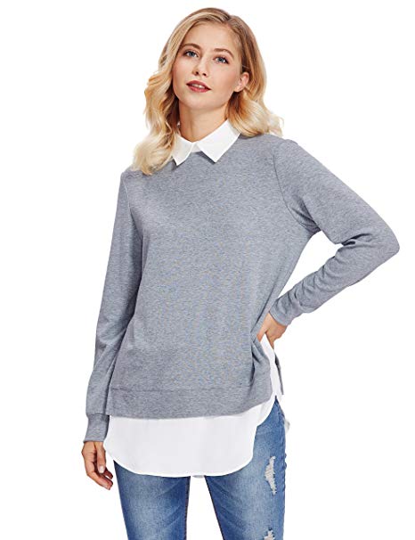 Romwe Women's Classic Collar Long Sleeve Curved Hem Pullover Sweatshirt