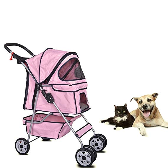 Dkeli 4 Wheels Pet Stroller Cat Dog Cage Stroller Travel Folding Carrier