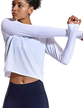 CRZ YOGA Women's UPF 50  UV/Sun Protection Mesh Long Sleeve Sport Cropped Shirts