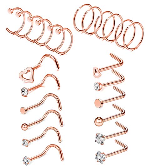 LOLIAS 14-36 Pcs Stainless Steel Hoop Nose Rings Nose Ring Stud Body Piercing Jewelry CZ Inlaid 1.5MM 2MM 2.5MM 3MM