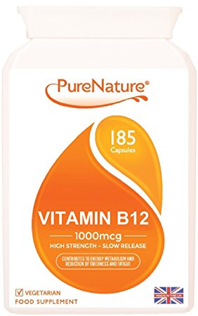 Vitamin B12 Double Strength 185 Slow Release Easy to Swallow 1000mcg Veggie Capsules |100% Quality Assured Money Back Guarantee| Contributes to Normal Red Blood Cell Formation & Reduction of Tiredness and Fatigue MADE IN UK + SUPER SAVER PRICE + FREE UK DELIVERY (185)
