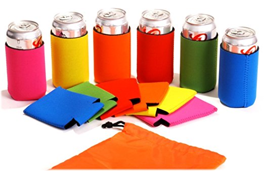 12 Can Sleeves and Drawstring Bag Set - Multi Color Neoprene Beer Coolies for Cans and Bottles - Insulated Blank Collapsible Drink Coolers